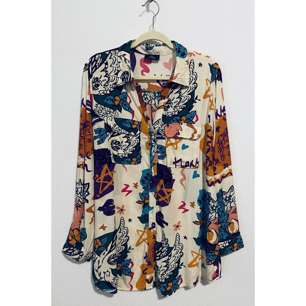 Milk And Honey Top Womens XL Pop Art Graphic Button Up Boho Retro Psychedelic